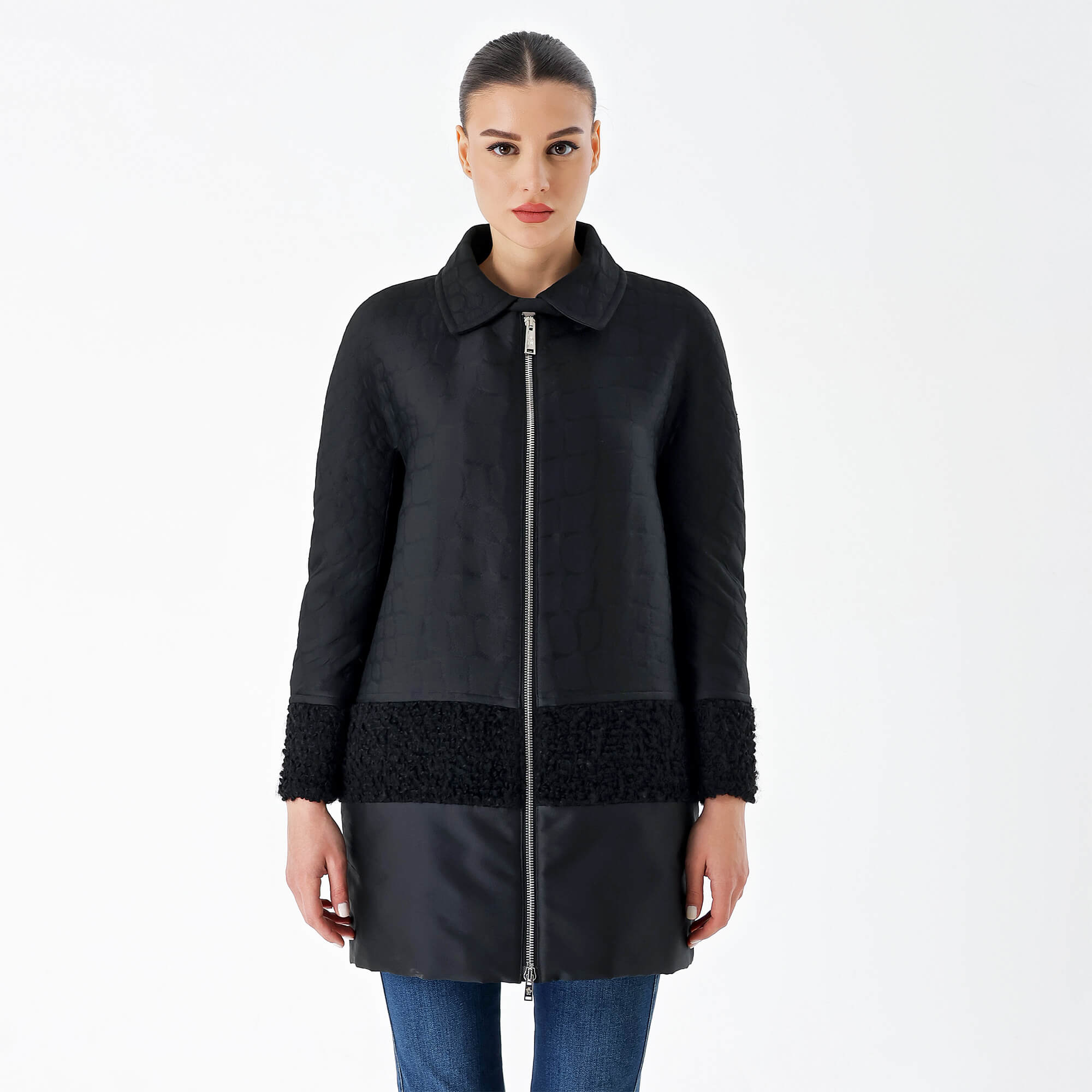 Moncler-Black and Wool Detail Long Coat